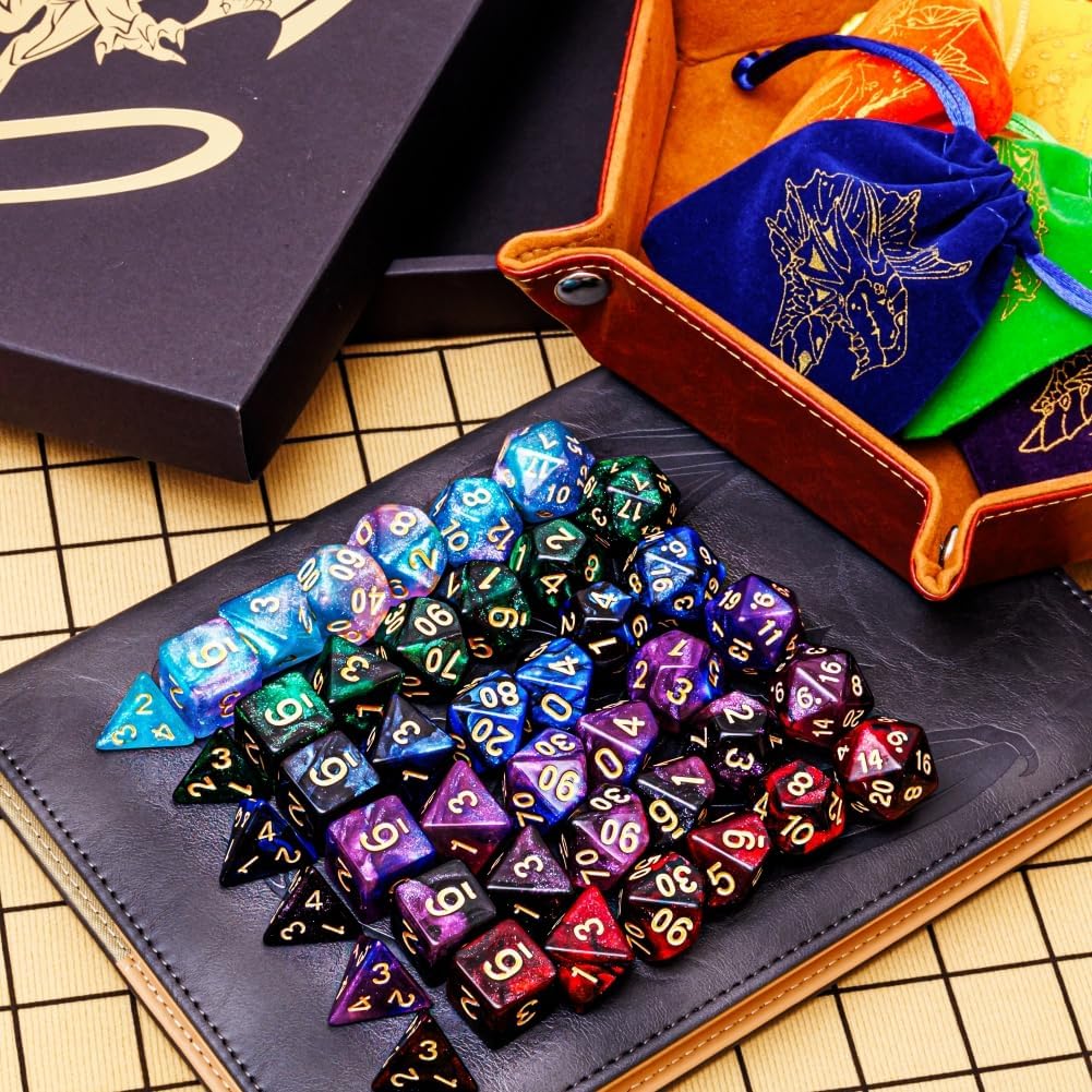 DND Dice Set 42 Pcs Polyhedral Dungeons and Dragons Rolling Dice for D&D RPG MTG Table Games Dice Bulk with Colorful Drawstring Bags and Dice Tray (Star-Tray)