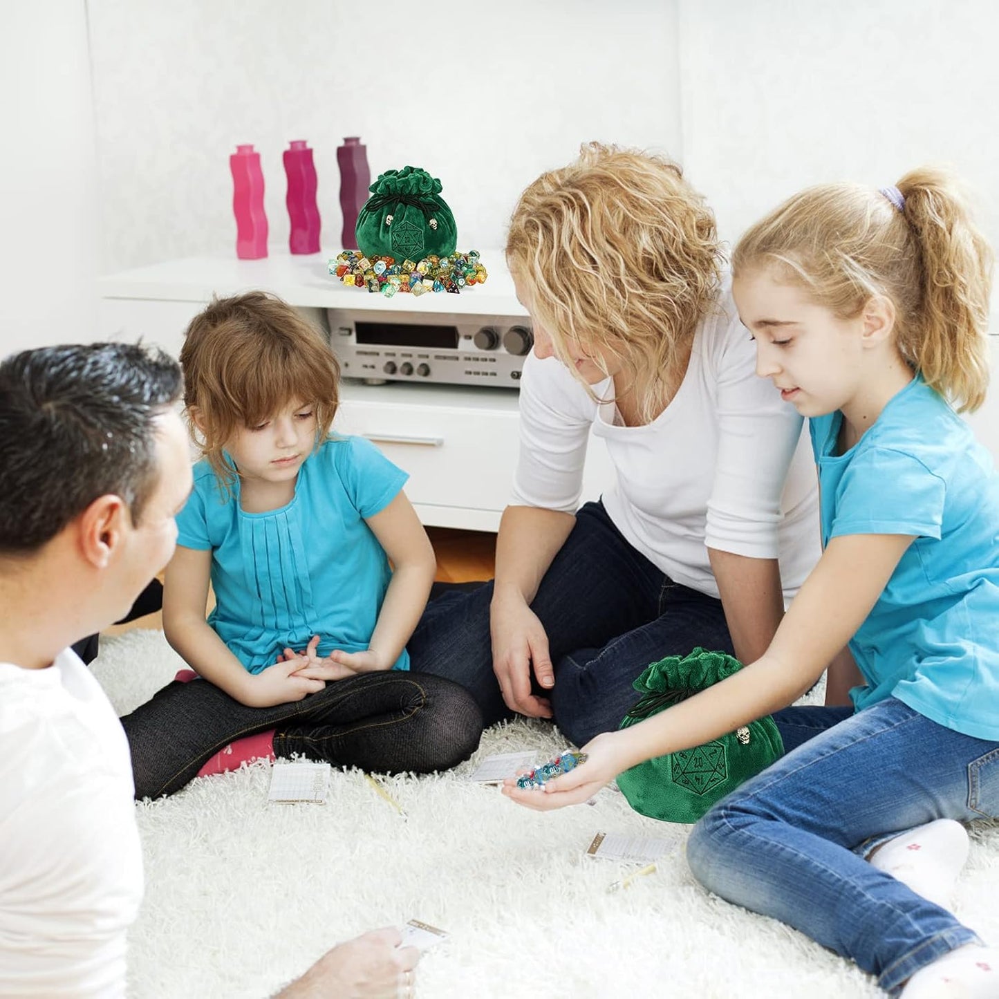 Large Dice Bags D&D with Pockets Green Storage Bag D20 Logo for DND RPG Game Dices (with 1lb Random DND Dice)