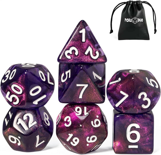 7-Die DND Dice Set Polyhedral Dice Set with a Leather Bag, D&D Dice Set for Dungeons and Dragons, RPG Table Games (T/Purple)