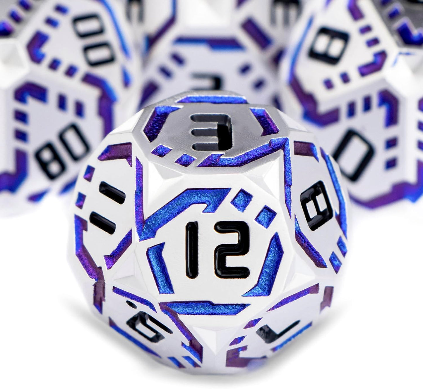 Metal DND Sci-fi Dice Set 7PCS Stripe Polyhedral Dice for Dungeons Dragons RPG Role Playing Game, Glitter D and D Dice with Gift Box D6 D8 D10 D12 D20 (Silver Blue)