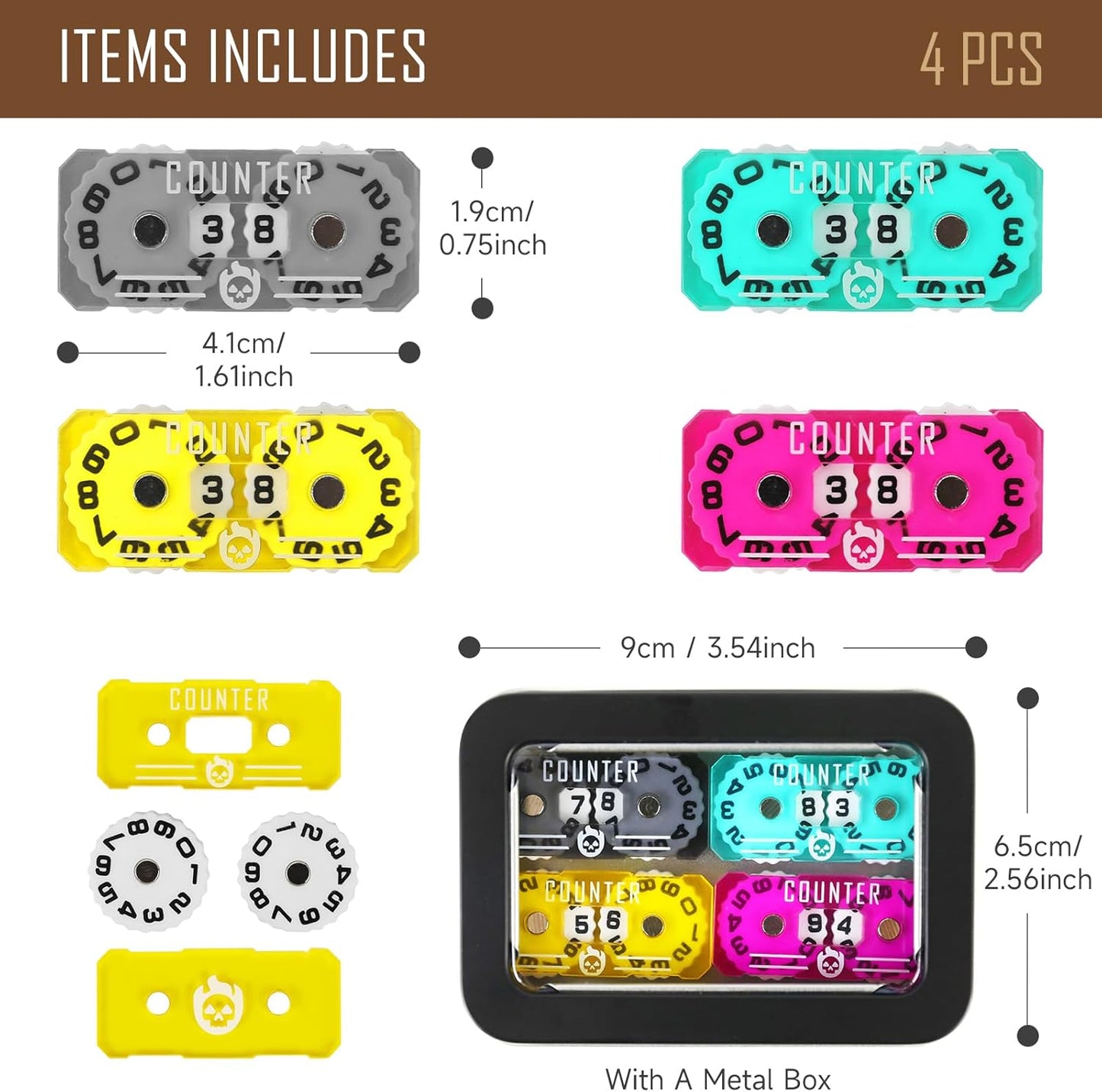 4Pcs MTG Life Counter Twin Digits with Metal Box, Tracker Life Counter for Board Games, Compatible with Magic The gatering Accessories RPG D&D CCG TCG Tabletop Board Games