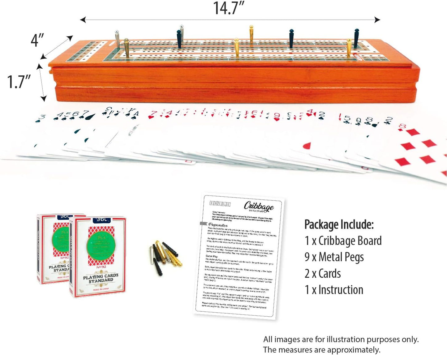 ERLLE - Wooden Cribbage Board Game Set, Continuous 3 Track Wooden Board, 9 Metal Pegs, 2 Decks of Cards, Sliding Lid and Storage, Unique Cribbage Boards,Travel Portable Cribbage Game Sets