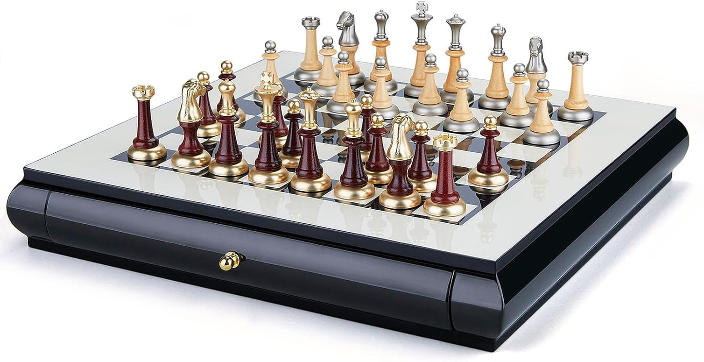 AMEROUS 16 Inches Wooden Chess Set, Large Size Board with 2 Built-in Storage Drawers - 2 Extra Queens - Metallic & Wooden Chess Pieces - Gift Packaging, Board Games for Adults and Kids