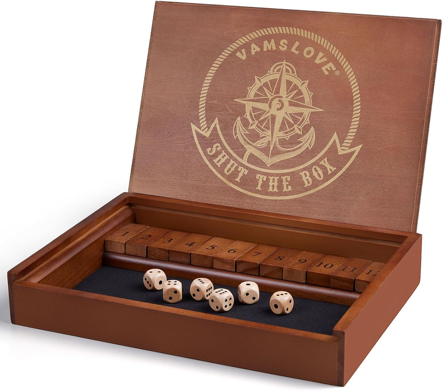 VAMSLOVE Shut The Box Dice Game Wooden Board Table Math Game for 2 Players and Up, 12 Numbers Close The Box with 6 Dice for Kids Adults Family (Instructions Included)