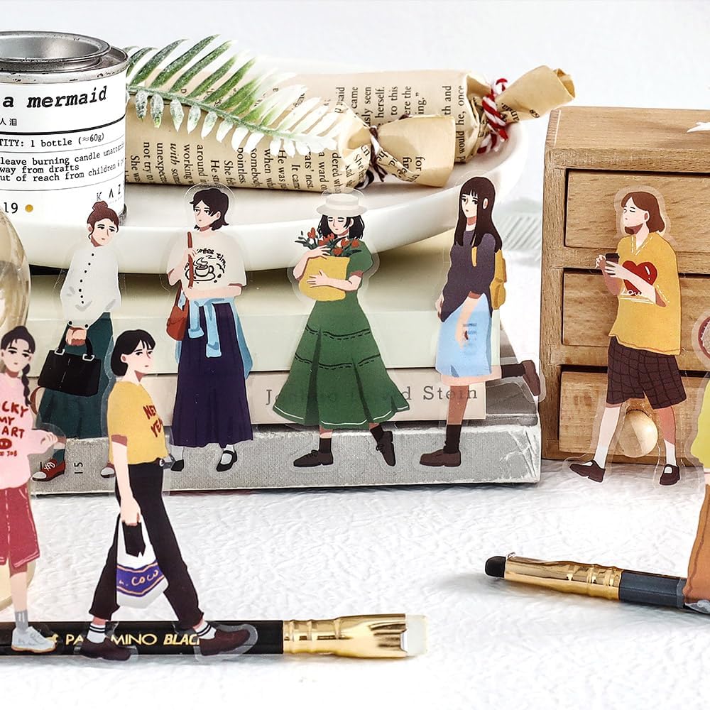 4Pcs PET Girl Sticker Books, Pre-Cut Fashion Designs for Scrapbooking, DIY Crafts, Waterproof Journaling Supplies, Junk Journal Ephemera, Includes Organizer