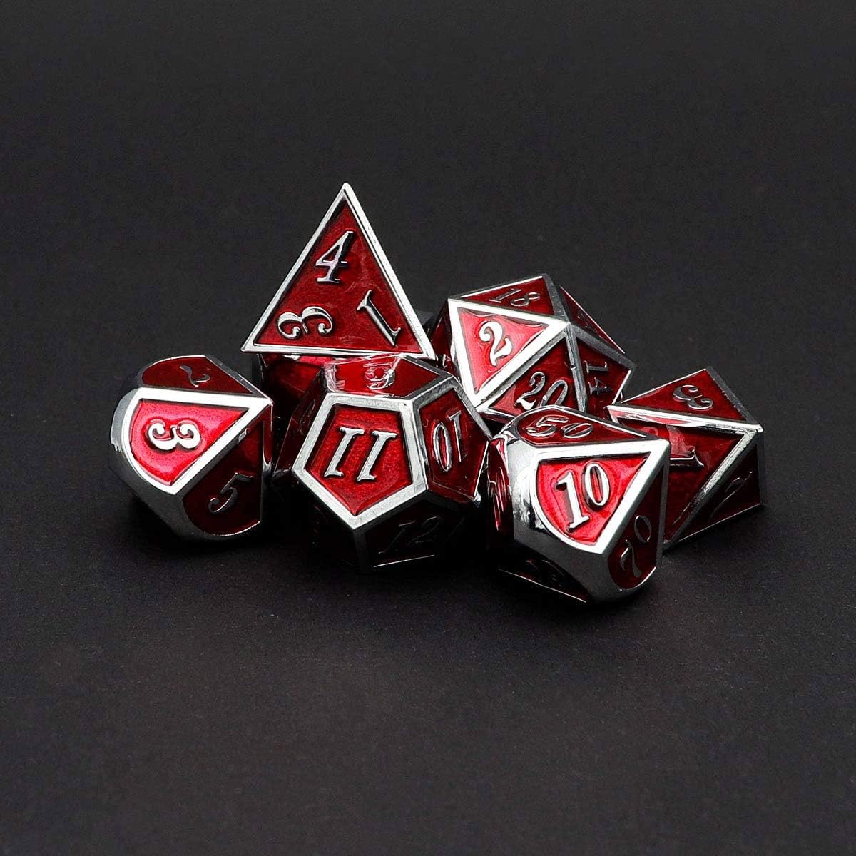 Haxtec Metal Dice Set D&D Red Silver DND Dice Set for Dungeons and Dragons RPG Games Leather Dice Bag DND Gifts-Glossy Enamel Dice (Silver Red)