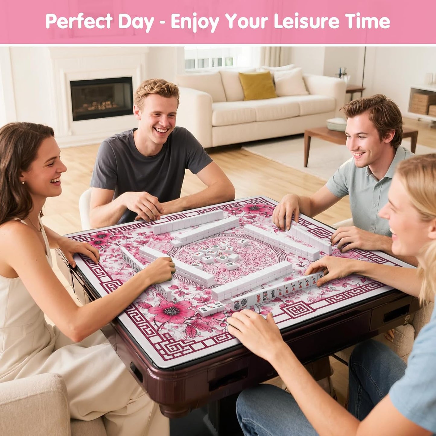 Mahjong Mat for Table 33x33 Inch, No-Crease, Anti-Slip, Noise-Reducing American Mahjong Mat, Mahjong Table Mat with Carry Bag, Neoprene Mahjong Mat for Poker, Card, Board(Pink)