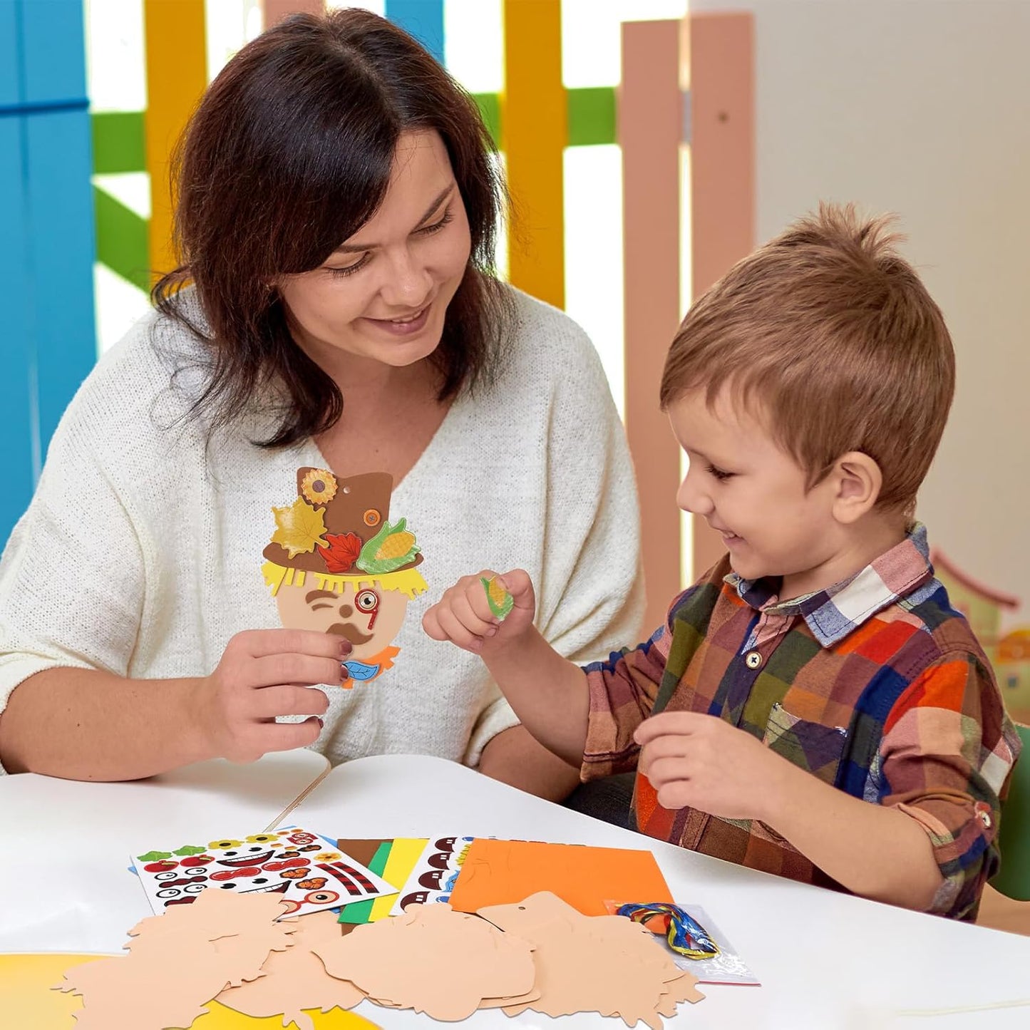 Fennoral 12 Pack Fall Craft for Kids Make You Own Scarecrow Foam Stickers DIY Arts and Crafts for Boys Girls Fall Art Activities Party Supply Autumn Thanksgiving Decoration