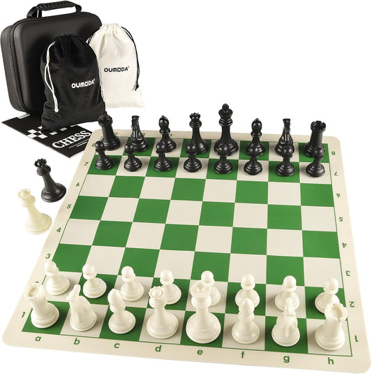 4" King Tournament Chess Set Foldable 20" Silicone Chess Board Mat with 2.2" Squares Green Color, Weighted Chess Pieces- 2 Extra Queens, Carrying Case for Storage and Travel