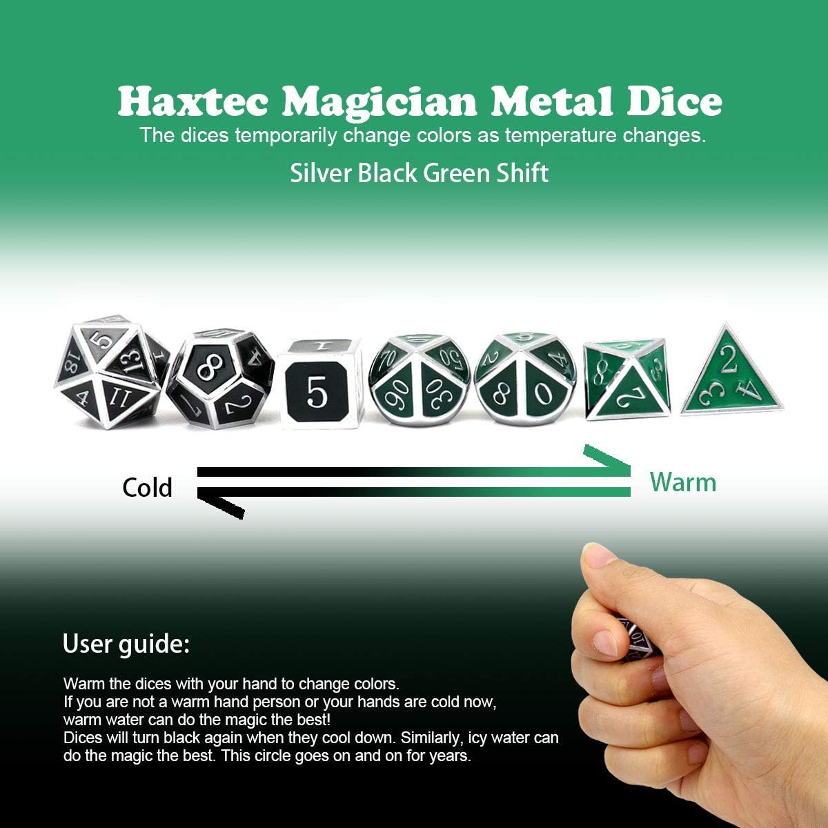 Haxtec Color Shifting Metal DND Dice Set Temperature Sensitive Polyhedral D&D Dices Compatible with Dungeons and Dragons RPG-Silver Black Green Shift