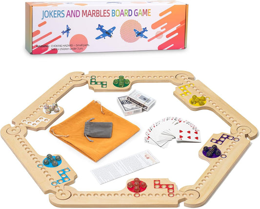 Jokers and Marbles Board Game, Wooden Marble Game for 2-6 Players, Portable Jokers Game with 30 Marbles 3 Decks of Cards 2 Storage Bags for Family Game Night and Holiday Party