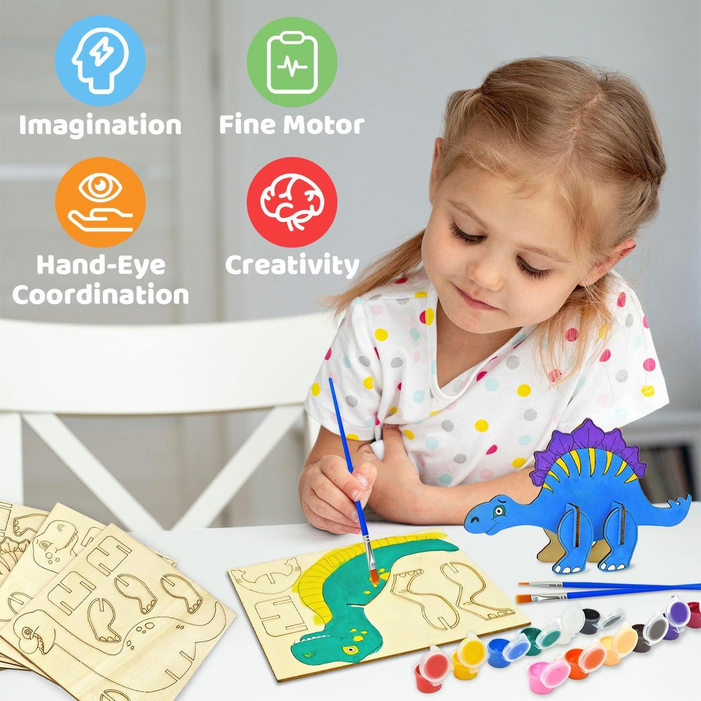 Vileafy Wooden Dinosaur Crafts for Kids Ages 4-8, 3D DIY Painting Kit with 6 Dinosaurs, Brushes & Paint -Arts and Crafts - Preschool Activity and Gift for Boys and Girls