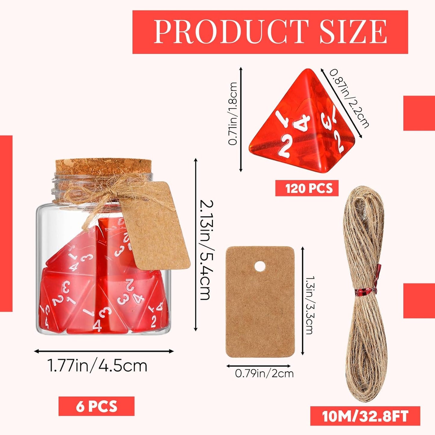 Wettarn 120 Pcs Transparent Red D4 Dice6 Pcs Pot Bottles Plastic Favor Jars with Cork Lids Healing Potion Bottles Polyhedral Dice Set for Party Favors Table Games(Round Style)