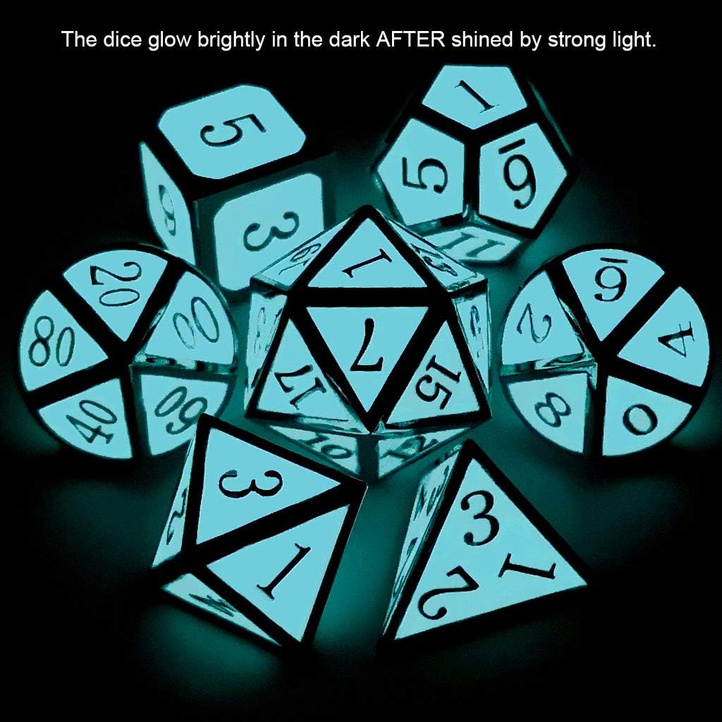Haxtec Glow in The Dark Metal Dice Set D&D Glowing Blue Silver W/Dragon Dice Bag 7 Die D&D Dice Set Compatible with Dungeons and Dragons RPG