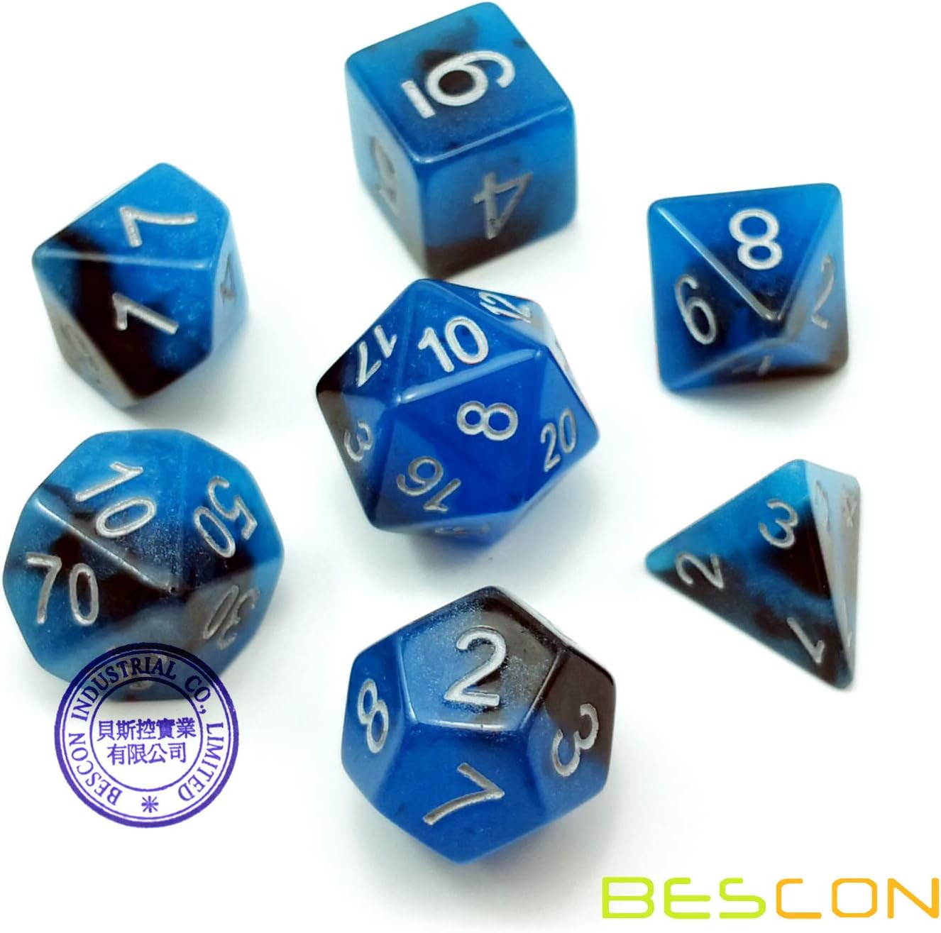 Bescon Two-Tone Glow-in-The-Dark Polyhedral Dice Set Blue Dawn, Luminous RPG Dice Set d4 d6 d8 d10 d12 d20 d% Brick Box Pack