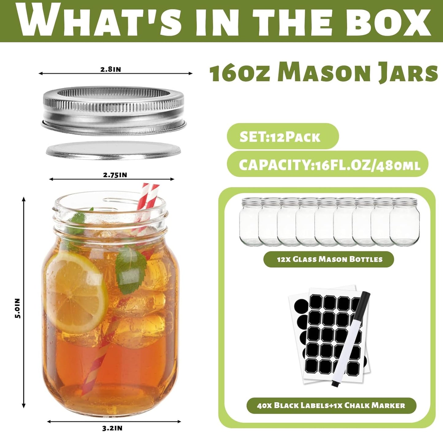 Haneye 16 oz Glass Mason Jars, 12 Pack Clear Glass Jars with Regular Lids, Canning Jars for Honey, Yogurt, Wedding Favors, Food Storage, Vegetables, Includes 40 Black Labels