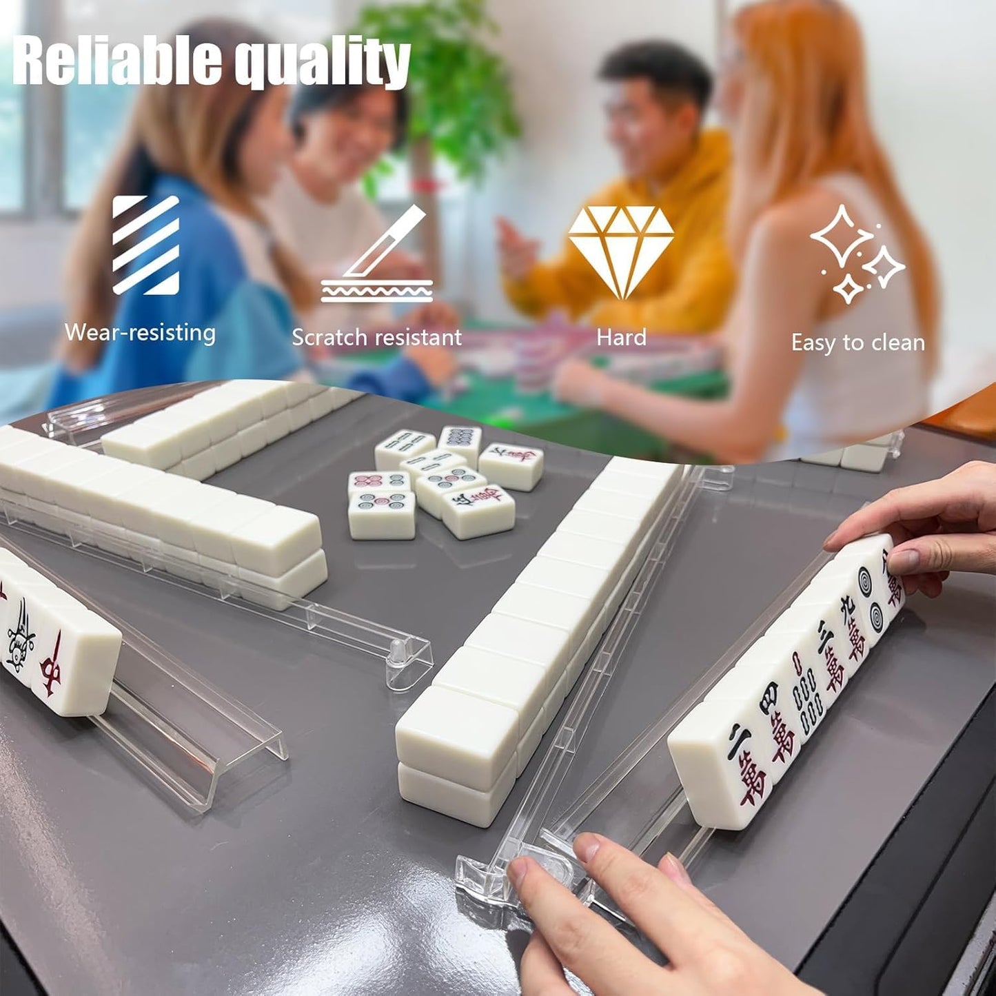 Set of 4 Mahjong Tile Holder, Acrylic Mahjong Racks with Pushers 18" Comes with Storage Bag, Enhanced wear Resistance, Suitable for Parties, Birthdays, Thanksgiving, Christmas