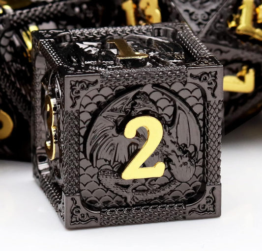 Haxtec Metal DND Dice Set Black Gold Metal D&D Dice with Fire-Breathing Dragon Elements & Leather Dice Bag Polyhedral Dice Compatible with Dungeons and Dragons TTRPG Gifts