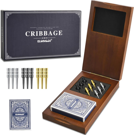 Foldable Wooden Cribbage Board Game Set, Portable Travel 3 Track Cribbage Board with Magnetic Closure,9 Metal Pegs,A Deck of Cards - Family Board Games for Kids and Adults