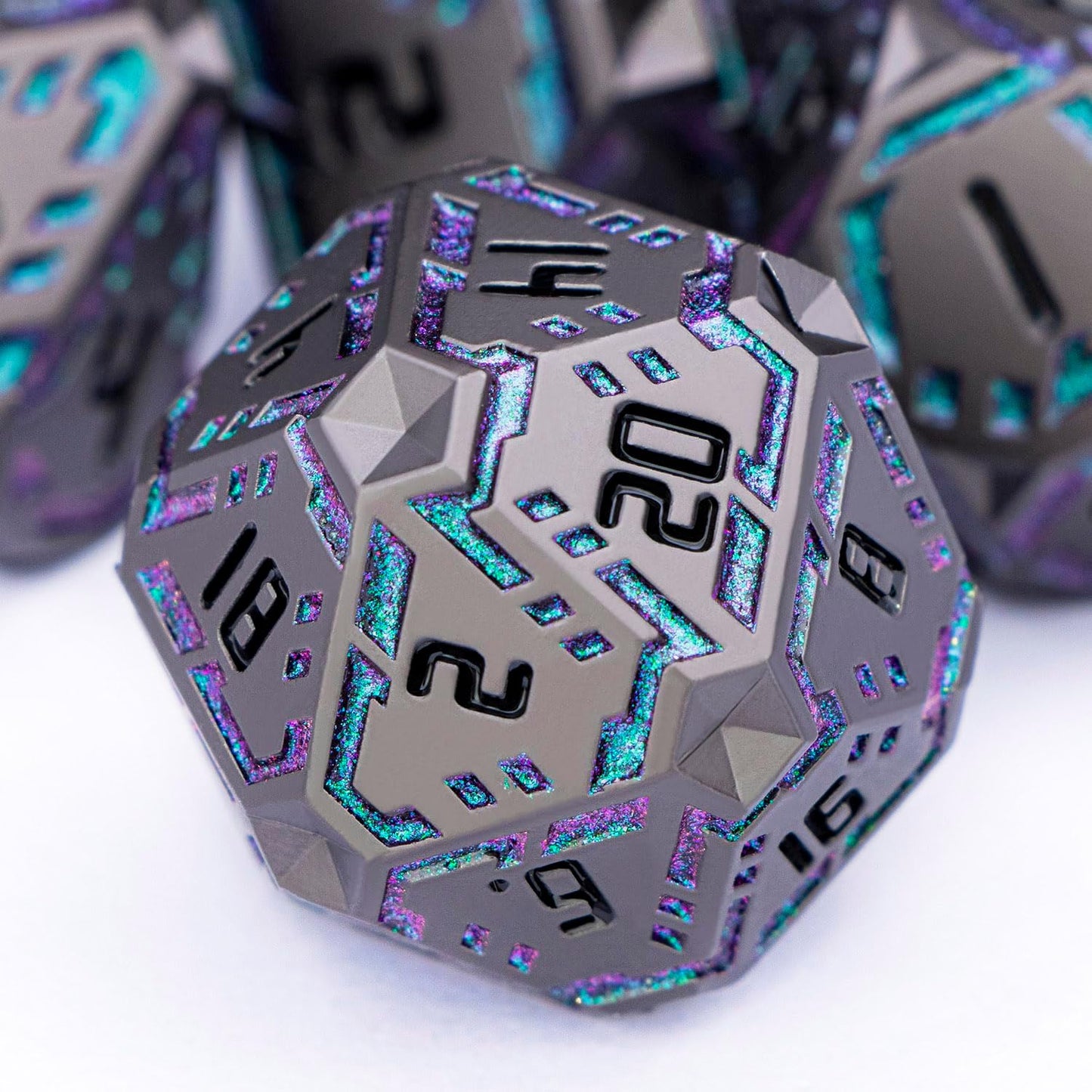 Metal DND Sci-fi Dice Set 7PCS Stripe Polyhedral Dice for Dungeons Dragons RPG Role Playing Game, Glitter D and D Dice with Gift Box D6 D8 D10 D12 D20 (Black&Green Purple)