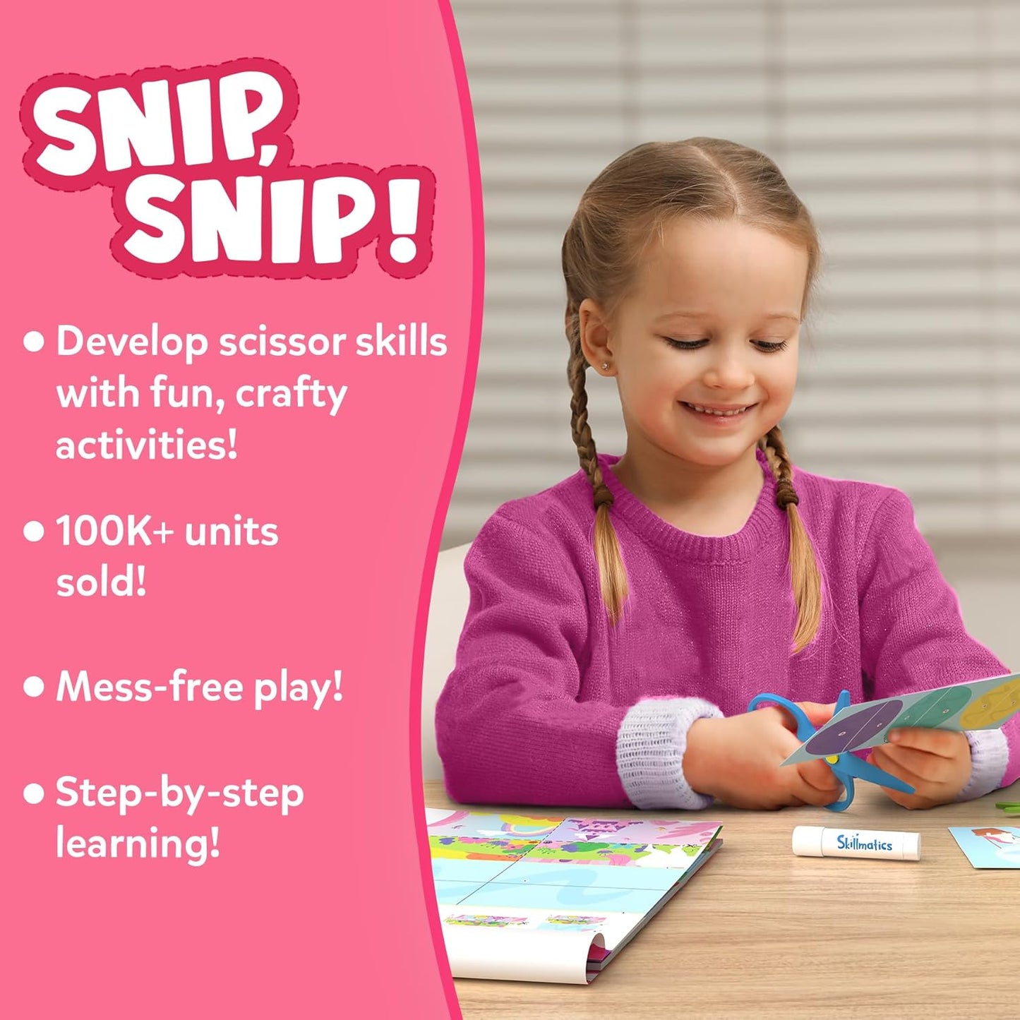 Skillmatics Scissor Skills Activity Book - Snip Snip Unicorns & Princesses, Stocking Stuffers, 25 Fun Cutting Activities, 2 Child-Safe Scissors, Felt Craft Kit, Christmas Gifts for Ages 3, 4, 5, 6, 7