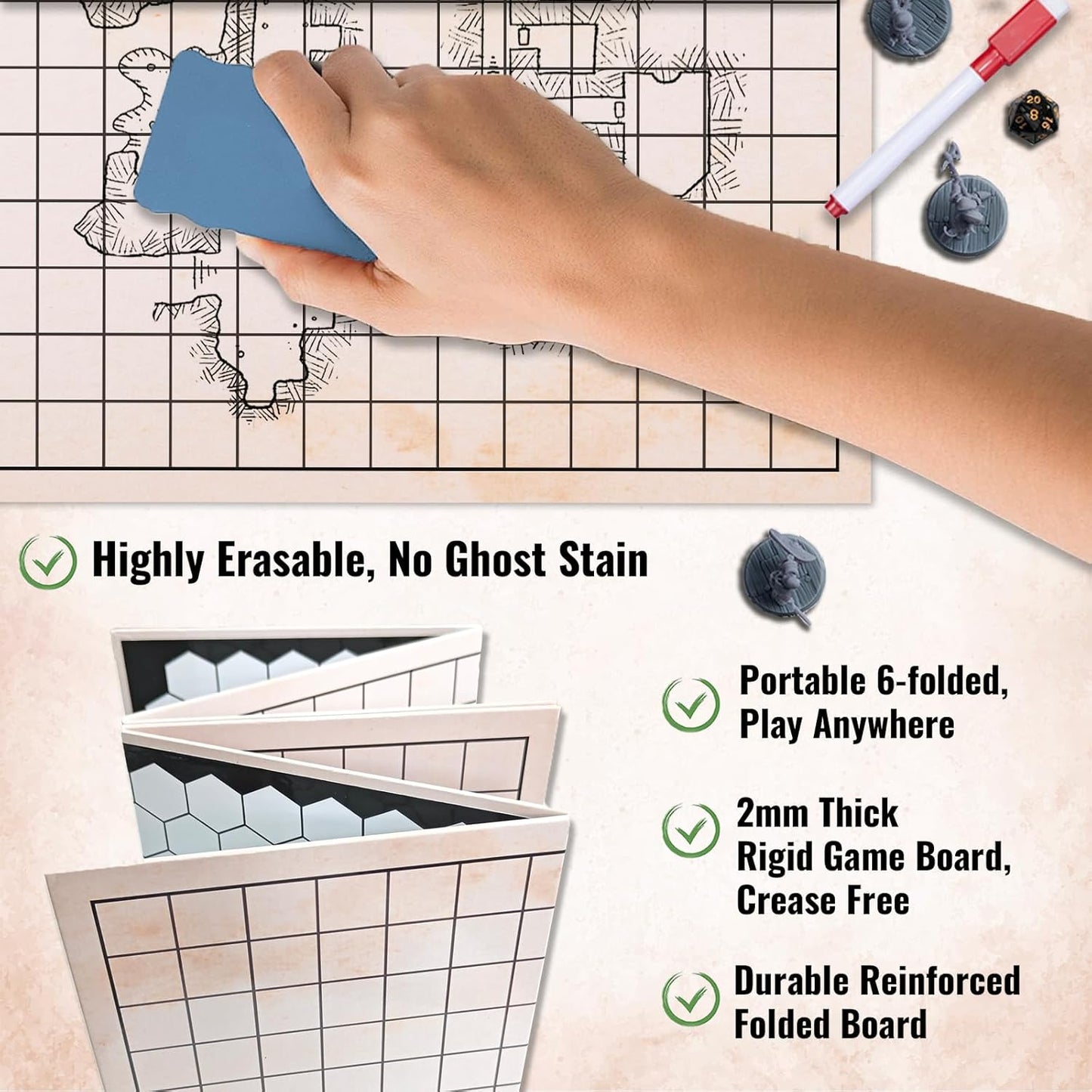 Foldable DND Battle Map Set – Reusable Dry Erase RPG Board with Double-Sided Square & Hex Grids, Tokens & Markers – Travel Starter Kits for D&D, Pathfinder and TTRPGs