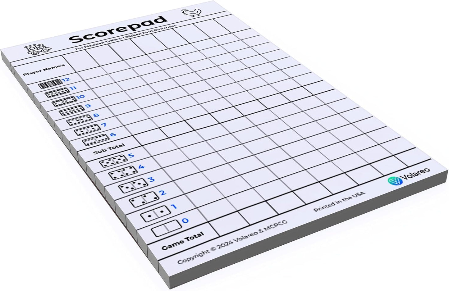 Mexican Train and Chicken Foot Dominoes Score Pad - 100 Scoring Sheets per Scorepad, 8.5 x 5.5 Inches - Score Sheets for Double 12 Domino Sets, White, VO-320