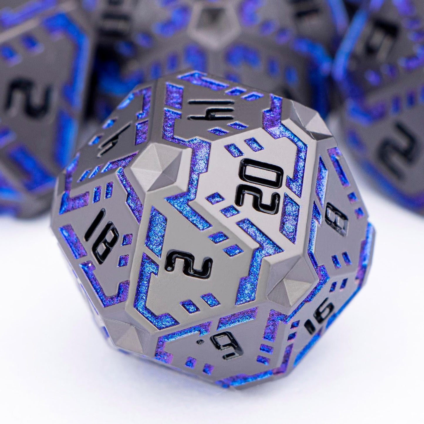 Metal DND Sci-fi Dice Set 7PCS Stripe Polyhedral Dice for Dungeons Dragons RPG Role Playing Game, Glitter D and D Dice with Gift Box D6 D8 D10 D12 D20 (Black&Blue Purple)