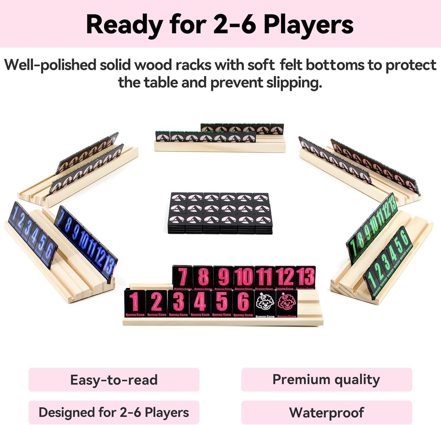 Rummy Cube 6 Player Edition with 6 Wooden Racks 160 Acrylic Tiles (1.5'') Rummy Game with Bag 6 Player Travel Size Rummy Game Large Number Rummy Tiles Game Set for Family Classic Board Games (Black)