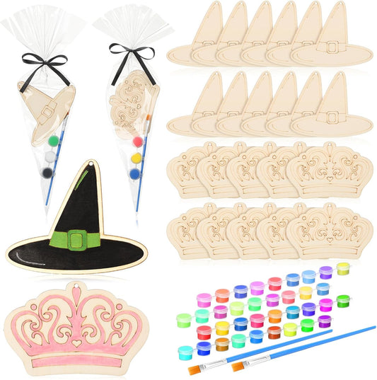 24 Set Paint Your Own Witch Princess Party Favors Pink and Green Party Supplies Witch Hats Princess Crowns DIY Wood Painting Craft Kit Color Your Own Arts Crafts Kit for Birthday Gift