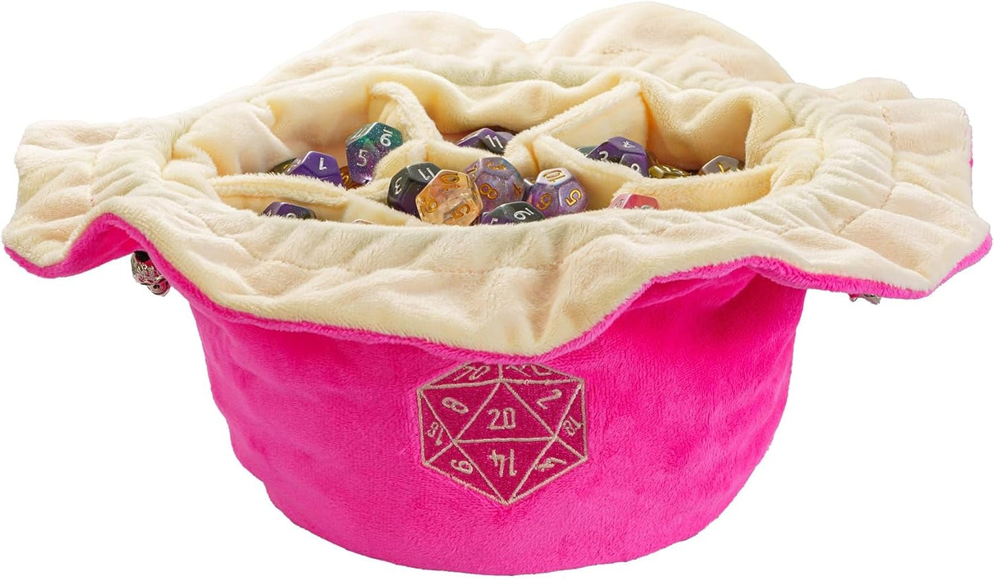 DND Dice Bags Large with Pockets Pink Storage Bag with D20 Logo for RPG Game Dices - Capacity 200+ Dice