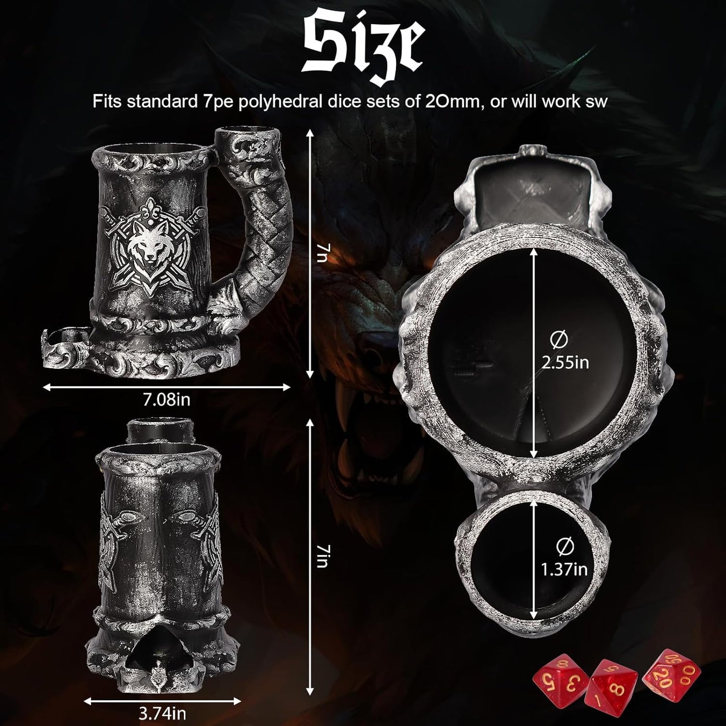 Mug Dice Tower - Dice Rolling Tower,(7PCS D20 Dice Set Included) for DND Gift and Dungeons and Dragon, Tabletop Games, Drink Holder, Tavern Style Board Game Roller (Black)