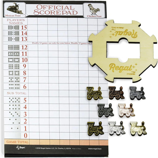 Regal Games Mexican Train Domino Expansion Set - 8 Metal Marker Trains with Unique Finishes - Replacement Wooden Hub - Scoresheet