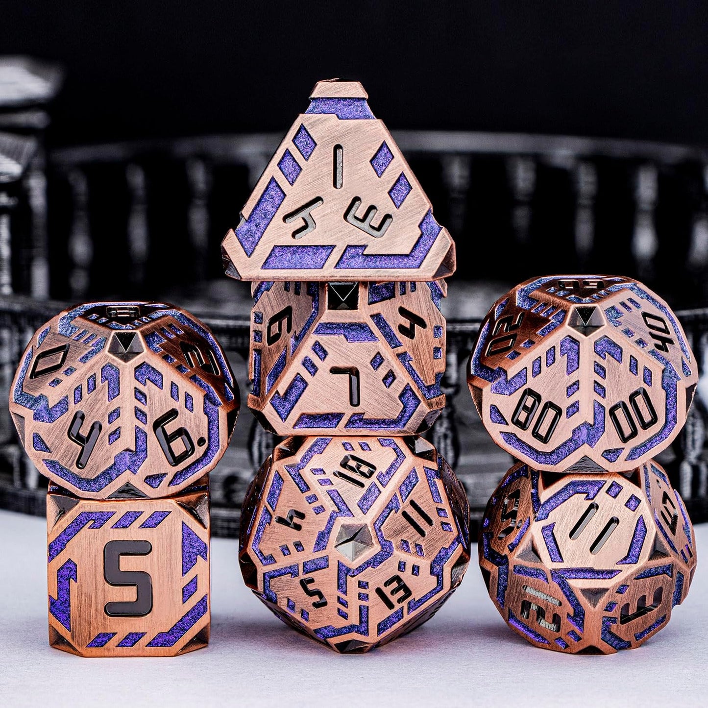 Metal DND Sci-fi Dice Set 7PCS Stripe Polyhedral Dice for Dungeons Dragons RPG Role Playing Game, Glitter D and D Dice with Gift Box D6 D8 D10 D12 D20 (Ancient Bronze&Purple)
