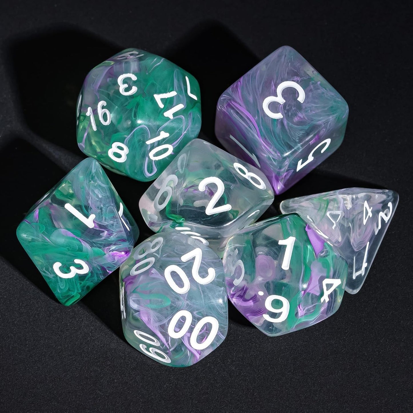 7-Die DND Dice Set Polyhedral Dice Set with a Leather Dice Bag, D&D Dice Set for RPG Table Games (Transparent Green Mix Purple)