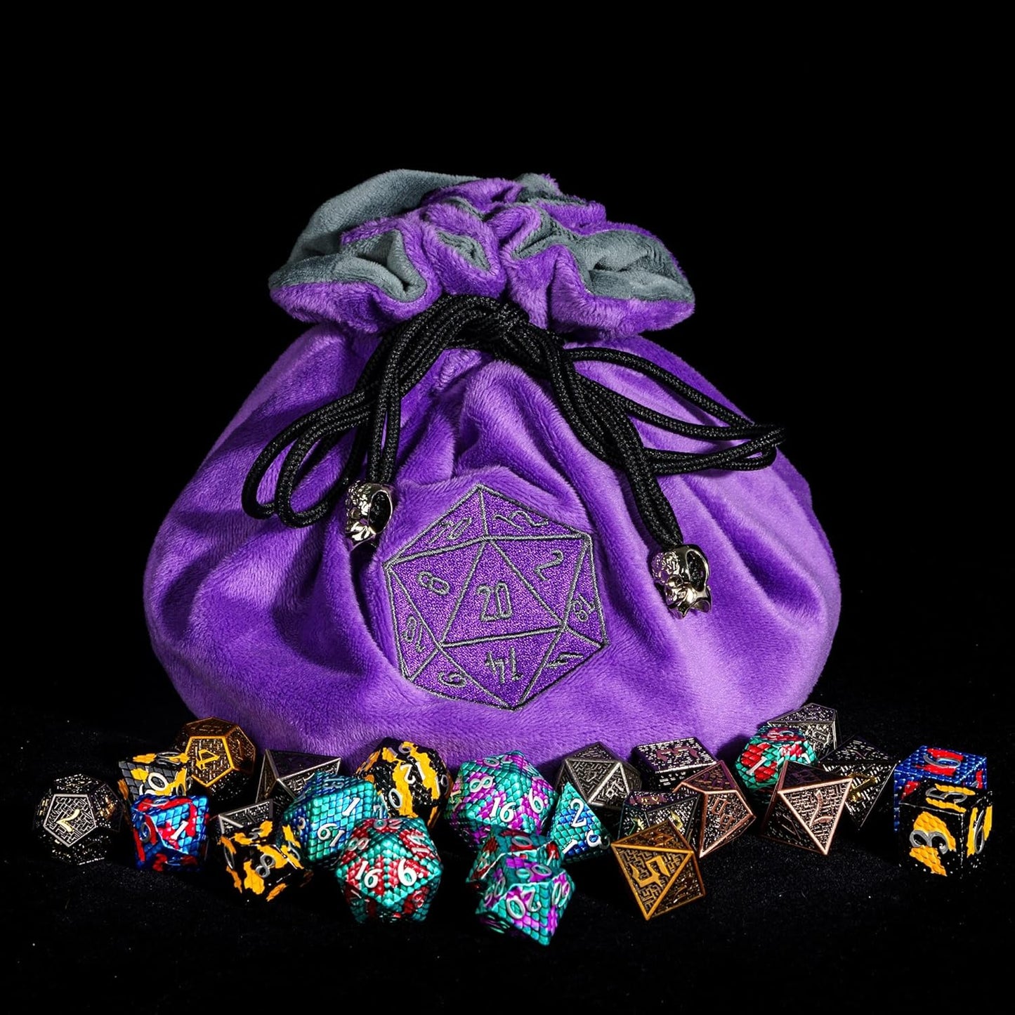 DND Dice Bags Large with Pockets Purple Storage Bag with D20 Logo for RPG Game Dices - Capacity 200+ Dice