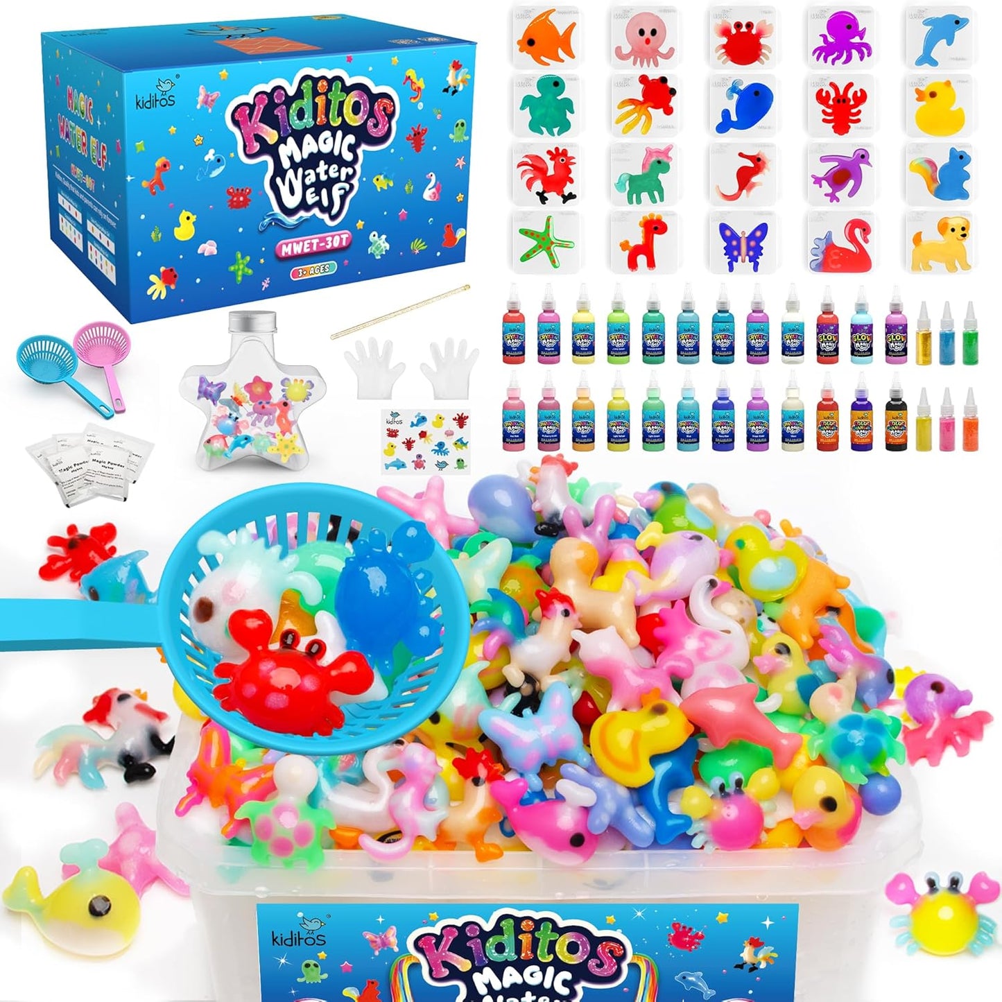 Kiditos Magic Water Elf Toy Kit–Squishies for Kids, 24 Gels+6 Glitter Powders&20 Molds, Magic Gel Water Pets Sensory Toy, Fun DIY Craft Kit, Party Favors, Birthday & Christmas Gifts for Kids Ages 3+