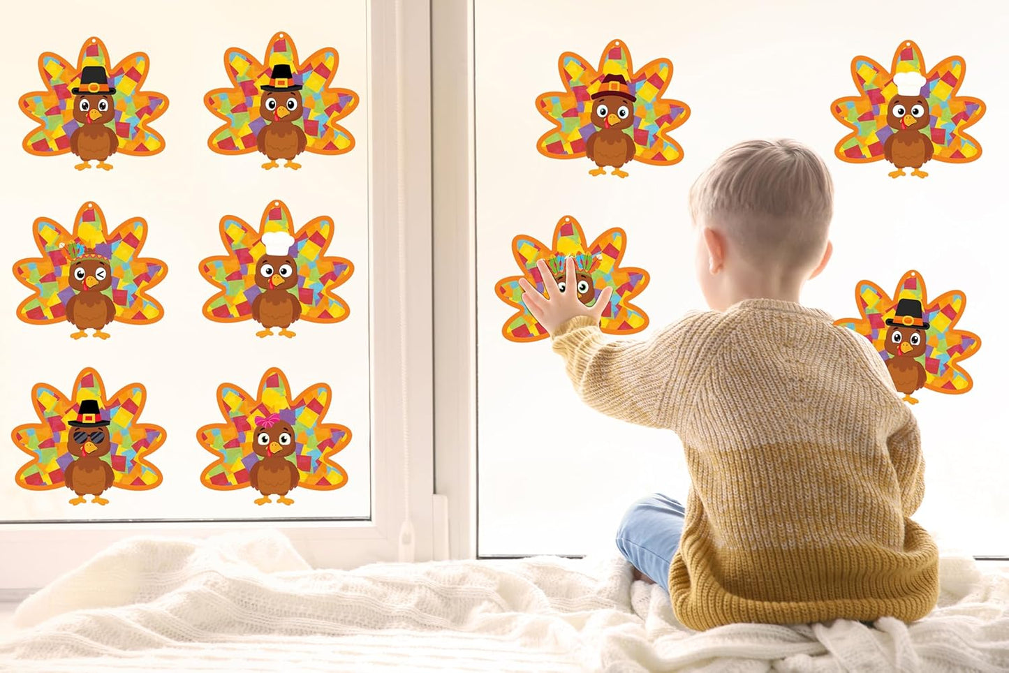 Renbuzhu 36PCS Thanksgiving Crafts Bulk: Turkey Paper Suncatchers DIY Kit for Fall Activities Decorations, Window Stained Glass Effect Art Supplies