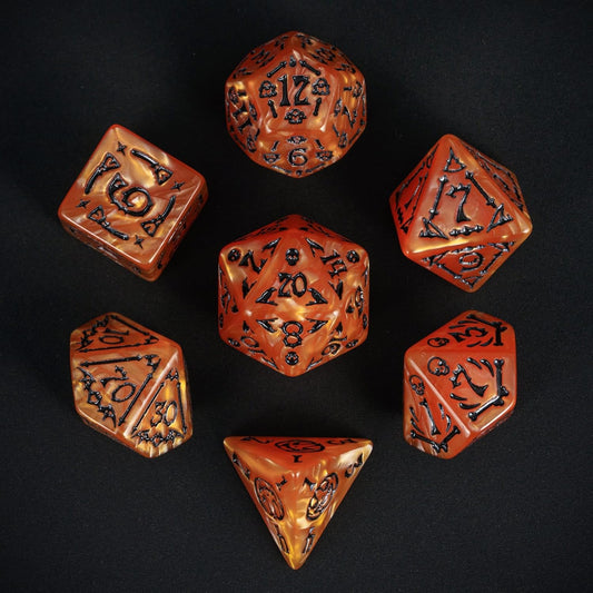 7-Die DND Dice Set Halloween Pattern Polyhedral Die Set with Leather Bag, Skull Dice D&D Die for RPG Table Games (Halloween Pattern-Orange/Black Number)