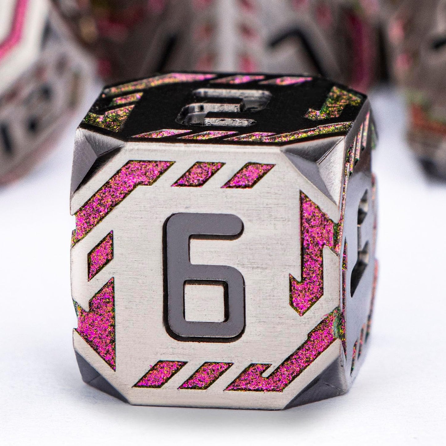 Metal DND Sci-fi Dice Set 7PCS Stripe Polyhedral Dice for Dungeons Dragons RPG Role Playing Game, Glitter D and D Dice with Gift Box D6 D8 D10 D12 D20 (Grey&Purple Red)