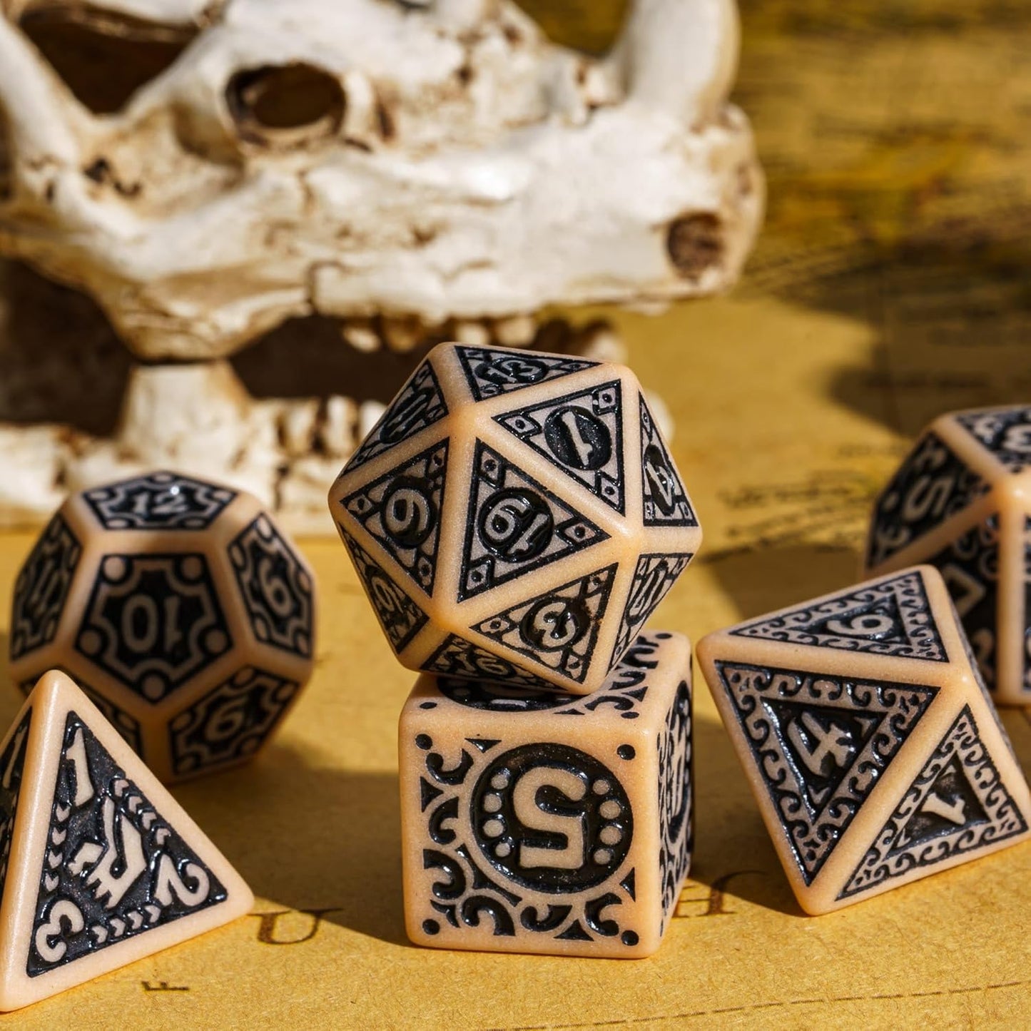 7-Die DND Dice Set New Pattern Polyhedral Dice Set with Leather Bag D&D Die for RPG Table Games(Brown Black)