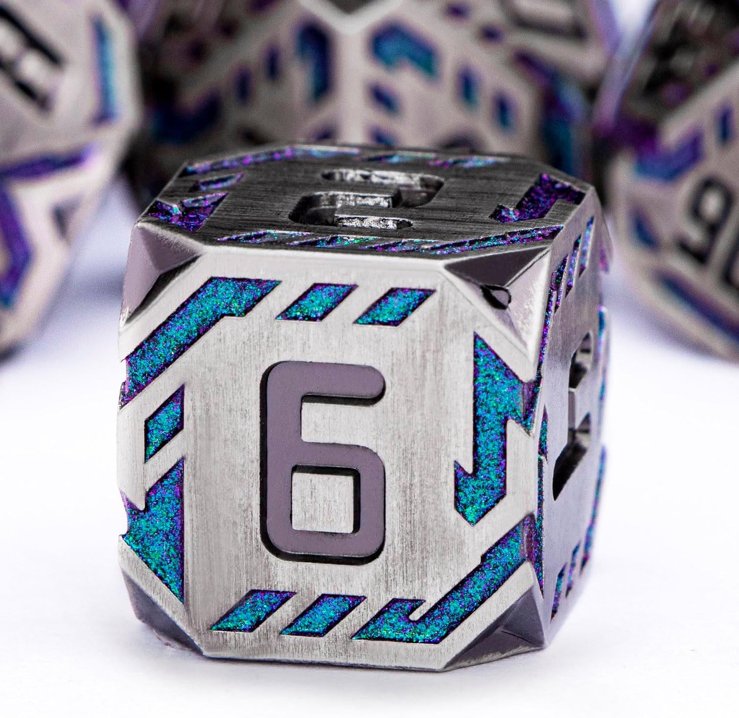 Metal DND Sci-fi Dice Set 7PCS Stripe Polyhedral Dice for Dungeons Dragons RPG Role Playing Game, Glitter D and D Dice with Gift Box D6 D8 D10 D12 D20 (Grey&Purple Green)