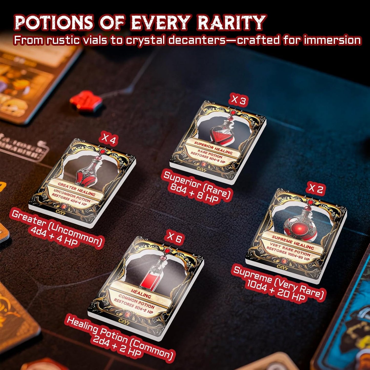 DND Healing Potion Cards Set - 15 Acrylic Fantasy Potion Tokens with Real Red Liquid | Ideal for Dungeon Masters, Tabletop RPG Players, Collectors & Immersive Game Nights (Style A)