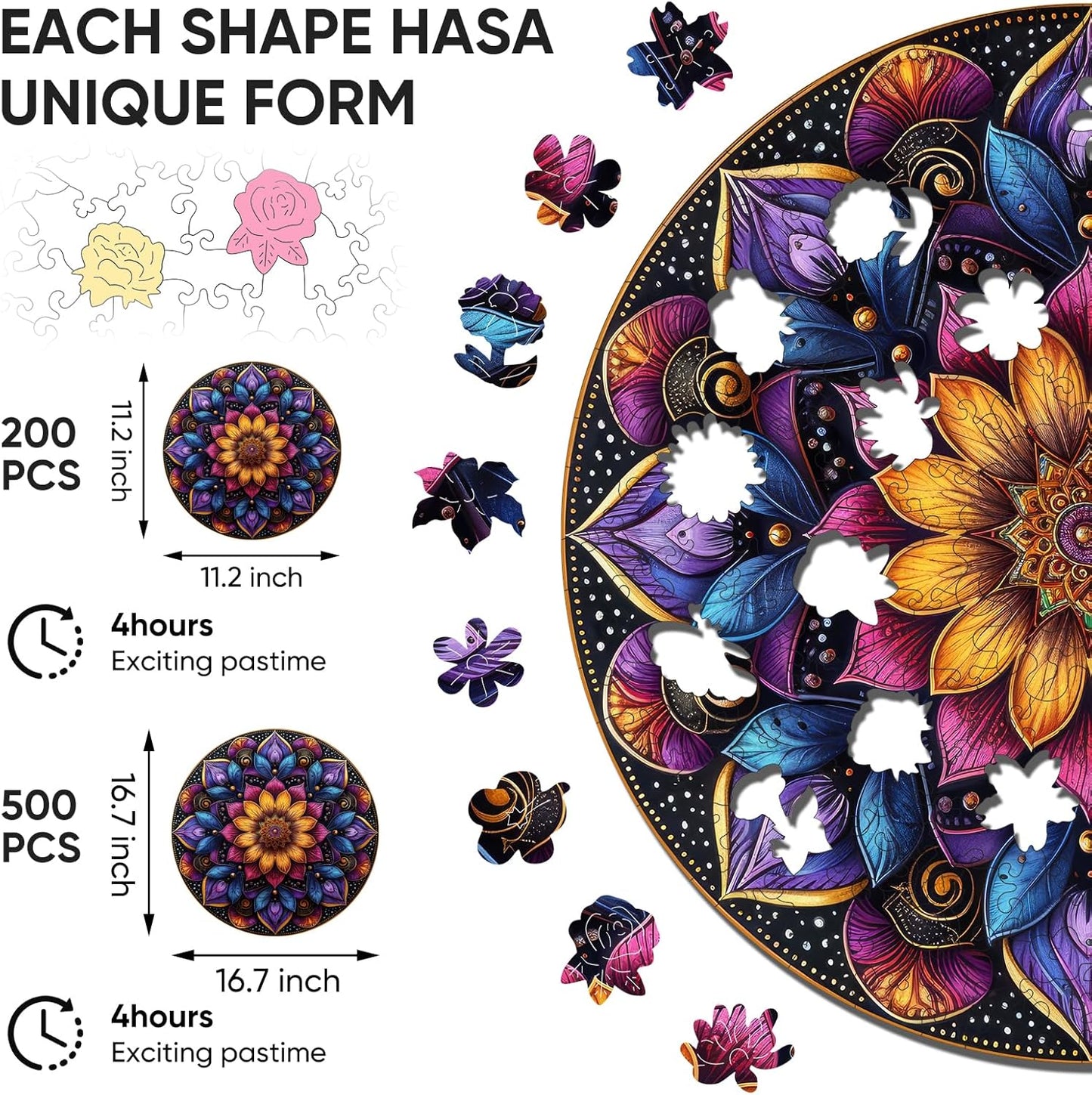 Wooden Puzzles for Adults, Mandala Jigsaw Puzzles 200 Piece, Unique Shapes Family Reunion Puzzle, Exquisite Packaging, Best Gift for Adults and Kids, Family Game, 11.2x11.2 in