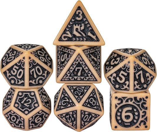 7-Die DND Dice Set New Pattern Polyhedral Dice Set with Leather Bag D&D Die for RPG Table Games(Brown Black)