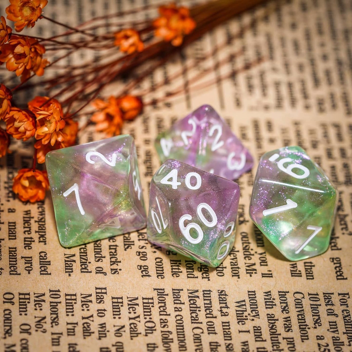 7-Die DND Dice Set Polyhedral Dice Set with a Leather Dice Bag, D&D Dice Set for Dungeons and Dragons, RPG Table Games (Green Pink/Glitter)