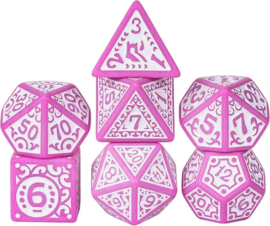7-Die DND Dice Set New Pattern Polyhedral Dice Set with Leather Bag D&D Die for RPG Table Games(Pink White)