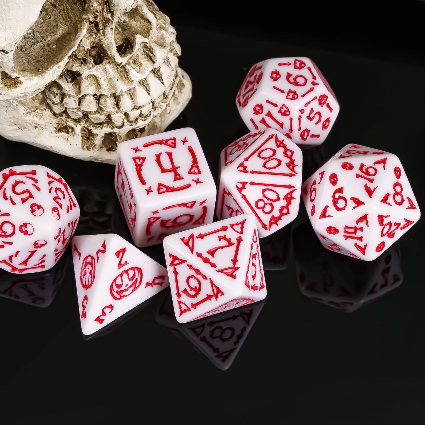7-Die DND Dice Set Halloween Pattern Polyhedral Dice Set with Leather Bag, Skull Die D&D Die for RPG Table Games (Halloween Pattern-White/Red Number)