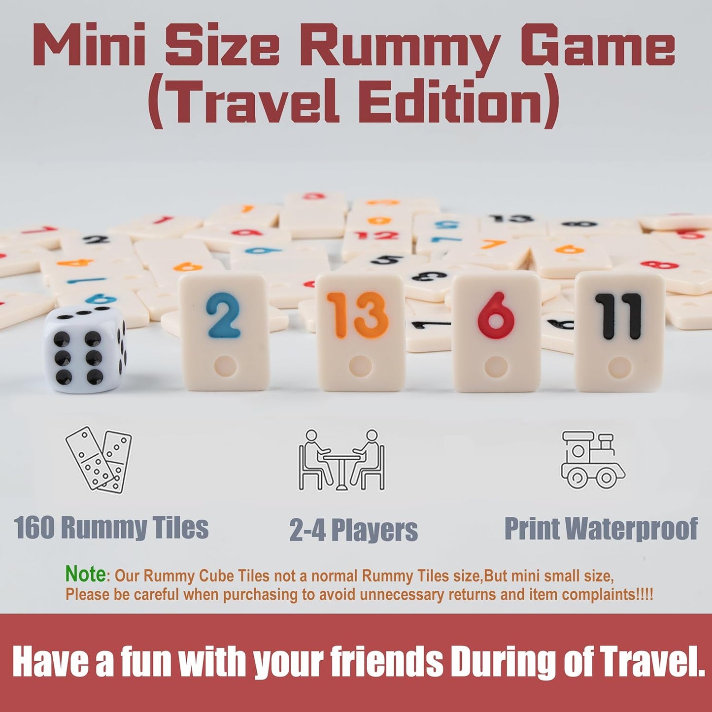 Mini Rummy Cube Six Player Edition, Travel Rummy Game Set with Portable Canvas Bag,Classic Board Game for Adults and Kids |160 Tiles|6 Playing Racks|1 Dice (2-6 Player)