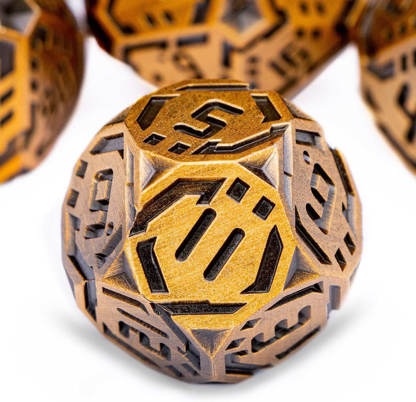 Metal DND Sci-fi Dice Set 7PCS Stripe Polyhedral Dice for Dungeons Dragons RPG Role Playing Game, Glitter D and D Dice with Gift Box D6 D8 D10 D12 D20 (Antique Gold)